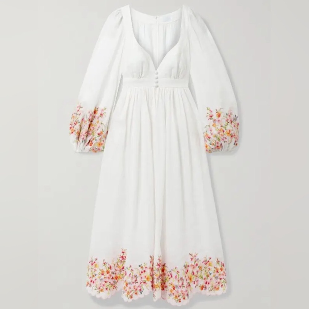 Zimmermann Mae White Embroidered Scalloped Midi Dress AU Size 1 (US 4-6)